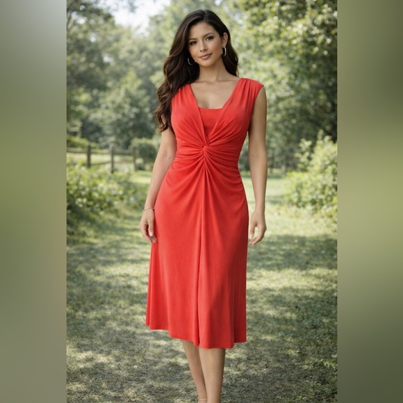 Chaps Ralph Lauren A Line Midi Dress Large L Coral Orange Sleeveless Washable - Picture 3 of 12